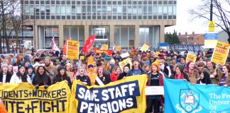 Students joined a thousand-strong rally in Sheffield in support of striking lecturers fighting against the privatisation of their pensions