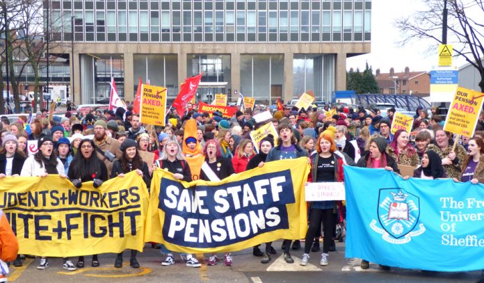 Students joined a thousand-strong rally in Sheffield in support of striking lecturers fighting against the privatisation of their pensions