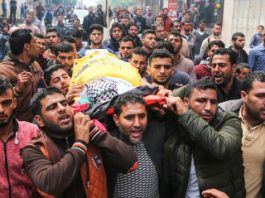 PLO condemns Israeli colonisation and annexation Funeral of Islami Saleh Abu Reyala killed by Israeli soldiers whilst fishing. His body was not returned until 15th March, 18 days after he was killed