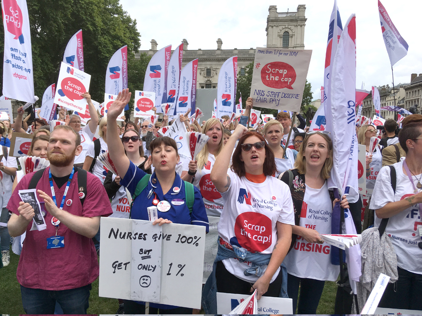 Nurses rally in Parliament Square demanding that the pay cap be smashed