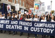 Families and friends of those who died in police custody marching on Downing Street – victims of police spying stormed out of the inquest in protest on Wednesday