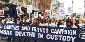 Families and friends of those who died in police custody marching on Downing Street – victims of police spying stormed out of the inquest in protest on Wednesday