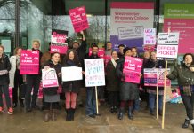 Lively picket at Westminster Kingsway College in north London yesterday morning on the first day of their three-day strike