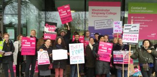 Lively picket at Westminster Kingsway College in north London yesterday morning on the first day of their three-day strike