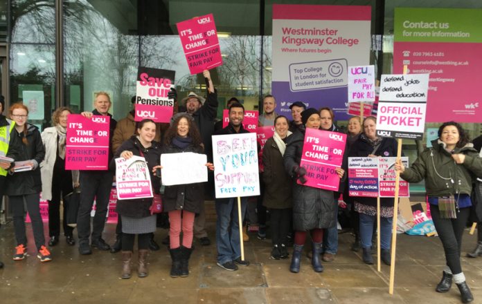 Lively picket at Westminster Kingsway College in north London yesterday morning on the first day of their three-day strike