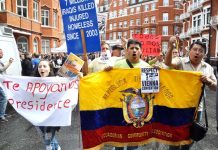 Demonstration outside the Ecuadorian embassy in London in support of Julian Assange on 16th August 2012, the day Ecuador granted him asylum – Assange’s supporters are expected to flock to the embassy to defend him after this latest attack