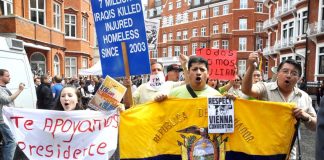 Demonstration outside the Ecuadorian embassy in London in support of Julian Assange on 16th August 2012, the day Ecuador granted him asylum – Assange’s supporters are expected to flock to the embassy to defend him after this latest attack