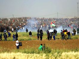 The thousands of Palestinians commemorating Land Day on Friday were shot at by Israeli snipers and bombed with gas from Israeli drones as they held a peaceful March of Return