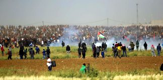 The thousands of Palestinians commemorating Land Day on Friday were shot at by Israeli snipers and bombed with gas from Israeli drones as they held a peaceful March of Return