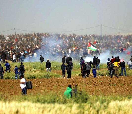 The thousands of Palestinians commemorating Land Day on Friday were shot at by Israeli snipers and bombed with gas from Israeli drones as they held a peaceful March of Return