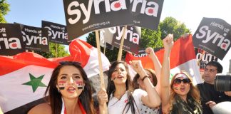 Young Syrians join the thousands of protesters who took to the streets of London when ex-PM Cameron tried to get parliament’s approval for the UK to join a US-led war on Syria – he lost the vote and the UK and then the US were forced to pull back