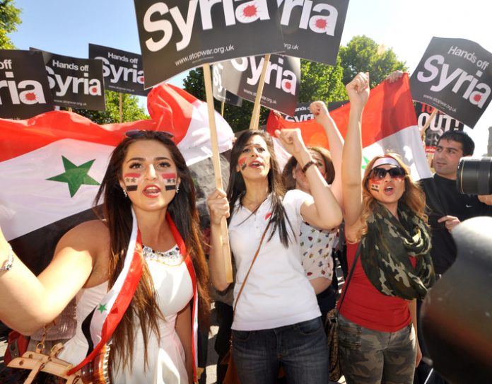 Young Syrians join the thousands of protesters who took to the streets of London when ex-PM Cameron tried to get parliament’s approval for the UK to join a US-led war on Syria – he lost the vote and the UK and then the US were forced to pull back