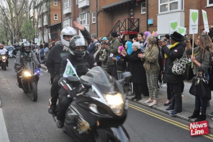 Deen Riders bikers’ ‘Honour Ride for Grenfell’ applauded after the Silent March on Saturday 14th April, ten months after the inferno