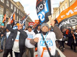 Vote ‘NO!’ to NHS pay offer! – 6.5% increase over 3 years means a real terms pay cut GMB members marching in defence of the NHS – the union is recommending a rejection of the pay offer