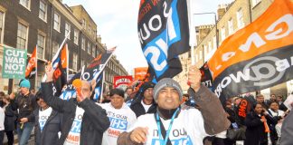GMB members marching in defence of the NHS – the union is recommending a rejection of the pay offer