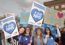 Nurses on the ‘Our NHS’ demonstration in central London – in Manchester health and council workers are striking against the merger of their services