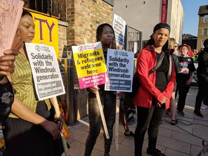 A demonstration in Windrush Square, Brixton, London in solidarity with the Windrush generation. There is to be a Support Windrush Generation demonstration in Parliament Square today from 4.00-7.00pm