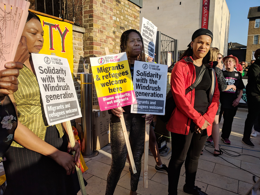 A demonstration in Windrush Square, Brixton in solidarity with the Windrush generation. There is to be a Support Windrush  Generation demonstration in Parliament Square today from 4.00-7.00pm