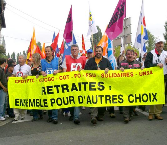 French unions demonstrate against pension cuts