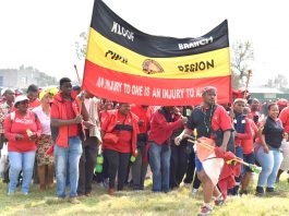 Demonstration outside the Kloof mine near Durban where two miners were killed in March