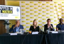 The platform at the Amnesty UK office launching the ‘Gang Matrix’ database report yesterday. Left to right Herman Ouseley, Harriet Garland, Amnesty Press Officer, Kate Allen, Director Amnesty International UK, Stafford Smith, Newham Monitoring Group