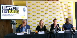 The platform at the Amnesty UK office launching the ‘Gang Matrix’ database report yesterday. Left to right Herman Ouseley, Harriet Garland, Amnesty Press Officer, Kate Allen, Director Amnesty International UK, Stafford Smith, Newham Monitoring Group