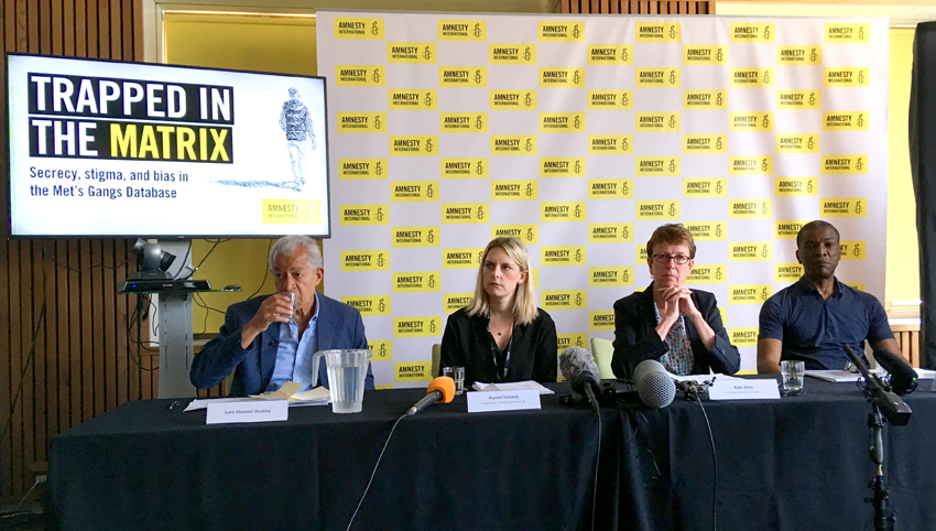 The platform at the Amnesty UK office launching the ‘Gang Matrix’ database report yesterday. Left to right Herman Ouseley, Harriet Garland, Amnesty Press Officer, Kate Allen, Director Amnesty International UK, Stafford Smith, Newham Monitoring Group