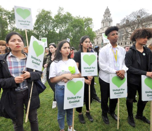 Protesters outside parliament yesterday on behalf of Grenfell tenants who died in the inferno