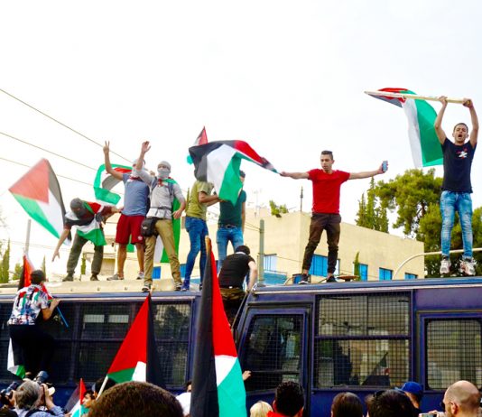 Palestinians in Athens climb on top of police buses and defiantly wave their flags