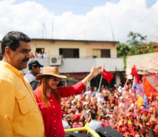 Venezuelan president Nicolas Maduro addresses cheering supporters at a rally in Carabobo