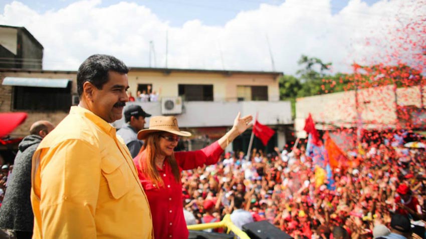 Venezuelan president Nicolas Maduro addresses cheering supporters at a rally in Carabobo