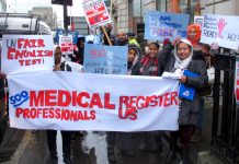 Health professionals on the march in February demand the government grant overseas doctors visas to come and work in the NHS where they are desperately needed