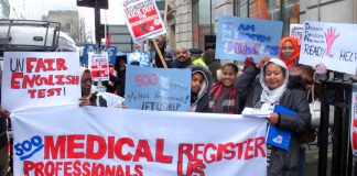 Health professionals on the march in February demand the government grant overseas doctors visas to come and work in the NHS where they are desperately needed