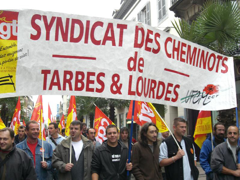 Striking French railworkers on the march – they are on striking for two days in every five until the end of next month