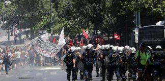 Riot police attack demonstrators on Wednesday in Athens. Photo credit: Marios Lolos