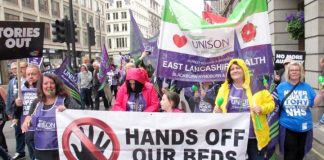 Health workers on the TUC march on May 12th – thousands of patients have been discharged too soon because of a lack of beds