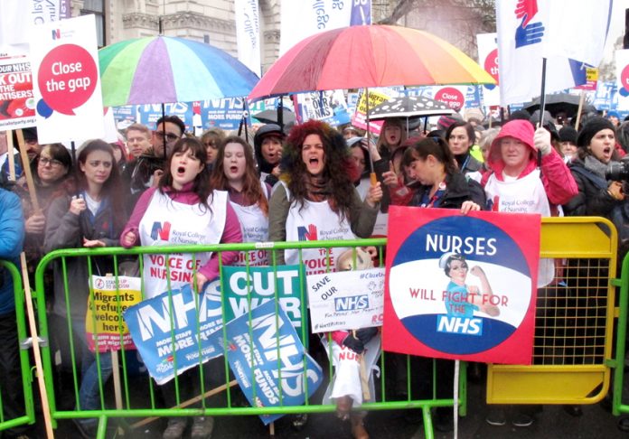 Nurses at the front of the march on February 3rd against NHS cuts and privatisation