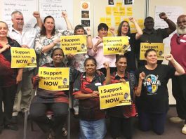 LARA WATSON (front right) joins First Nations Workers Alliance members fighting for wage justice