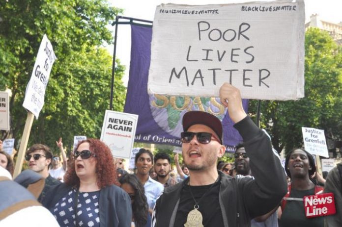 Grenfell fire survivors demonstrate in London, England. One year after the fire there has been a lack of progress with no ban on cladding and survivors are still waiting to be properly rehoused