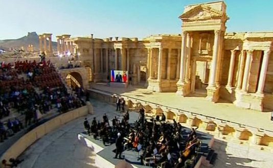The Marinsky Orchestra performs in the ancient amphitheatre in Palmyra after it was liberated from ISIS by Syrian and Russian forces in 2016