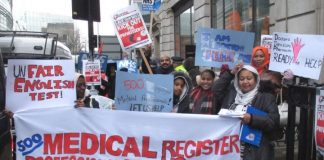 Doctors and medical professionals on the NHS march in February demanding that they are registered to work in the NHS where they are desperately needed