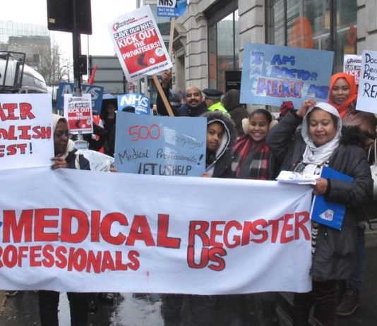 Doctors and medical professionals on the NHS march in February demanding that they are registered to work in the NHS where they are desperately needed