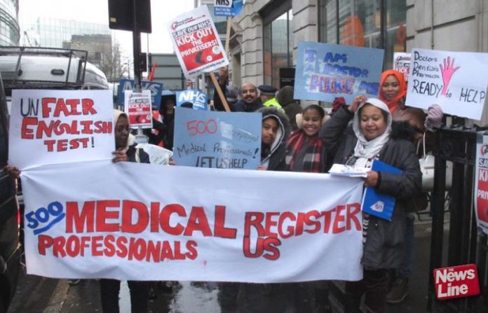 Doctors and medical professionals on the NHS march in February demanding that they are registered to work in the NHS where they are desperately needed