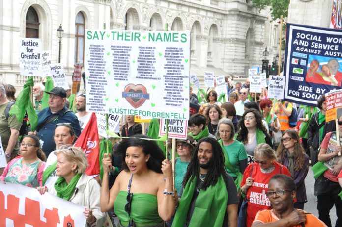 Front of this month’s mass march in central London – the FBU have defended firefighter Mike Dowden after he appeared at the Grenfell Inquiry