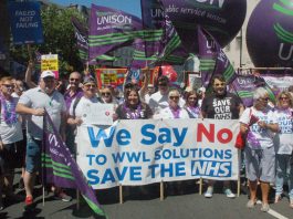 Defend The NHS–Get The Tories Out! Unison members at Wrightington, Wigan and Leigh NHS Trust are fighting the outsourcing of 900 jobs to subsidiary WWL Solutions