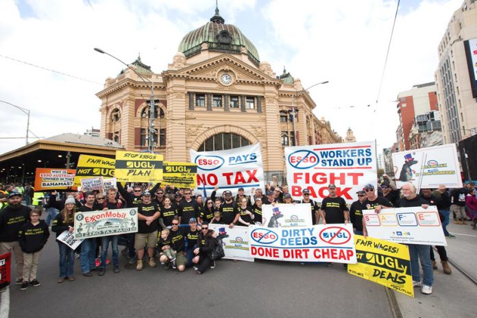 Demonstration by Australian oil workers against Esso who sacked 230 maintenance workers after they refused 30 to 40 per cent pay cuts