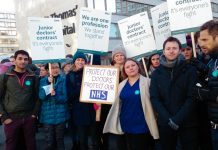 Junior doctors on the picket line during their strike in 2015 – they are often exhausted says the General Medical Council (GMC)