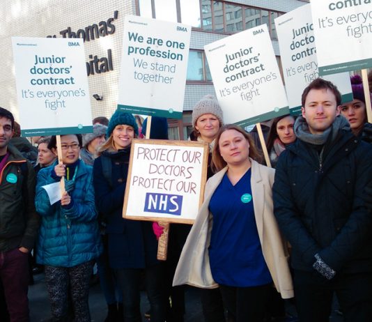 Junior doctors on the picket line during their strike in 2015 – they are often exhausted says the General Medical Council (GMC)