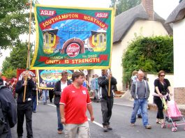 Aslef Banner on the Toldpuddle Martyrs march at a previous festival