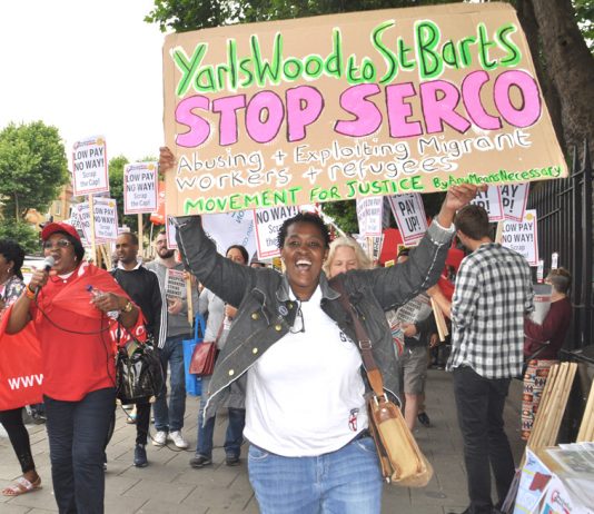 Protester demands the Seco-run Yarl’s Wood detention centre is shut down – Serco are now evicting hundreds of asylum seekers